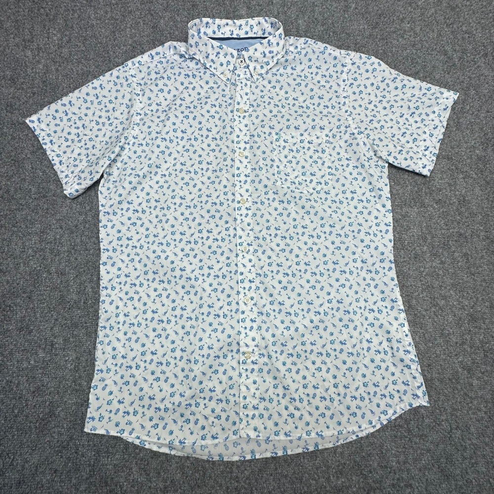 IZOD Tropical Print Short Sleeve Button Down Shirt Large White Blue Pineapple